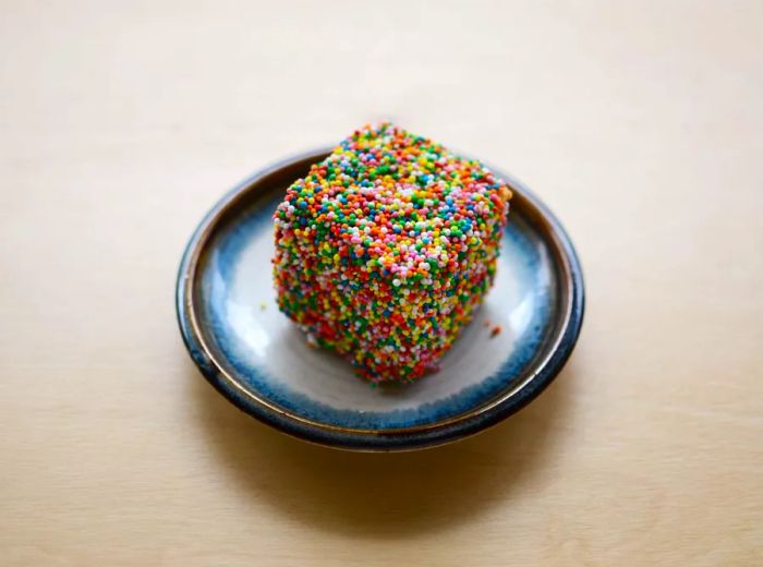 A piece of bread encased in colorful sprinkles.