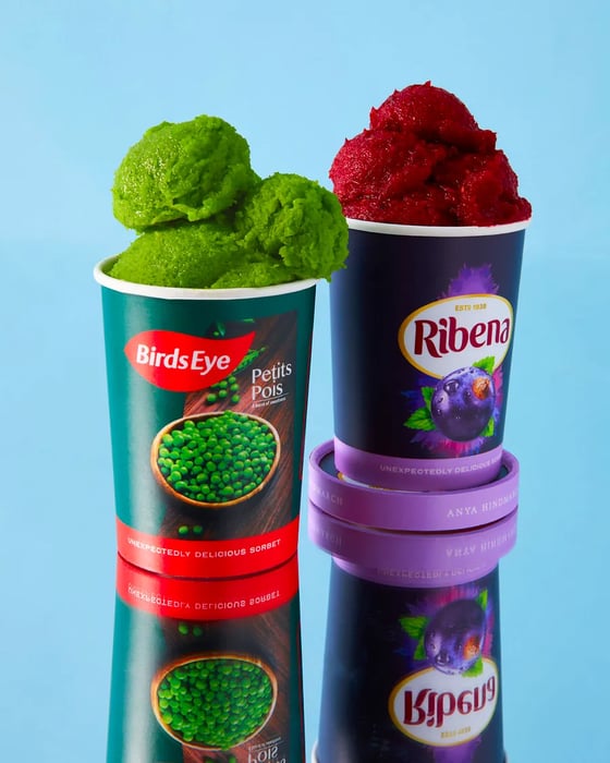 Containers of green and purple ice cream, branded with Birds Eye and Ribena respectively.