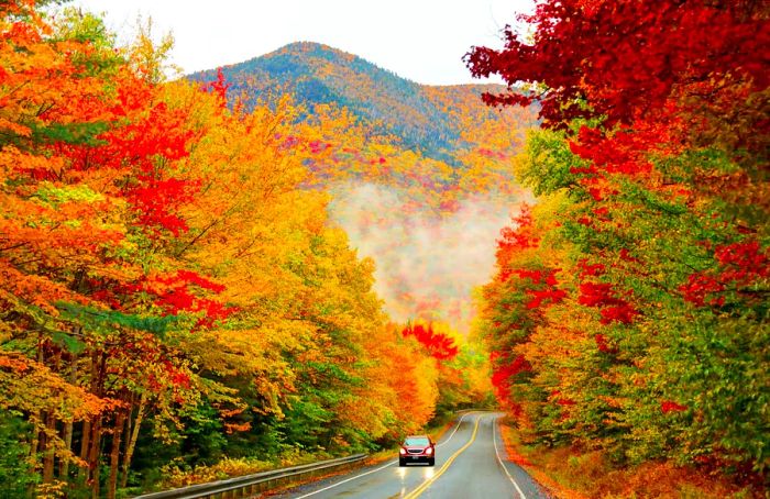 A vehicle navigates through autumn foliage along the Kancamagus Highway in New Hampshire, New England, USA.