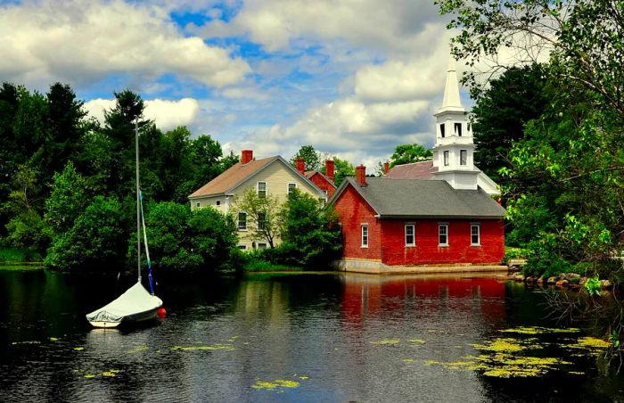 A library and church in Harrisville, New Hampshire, USA