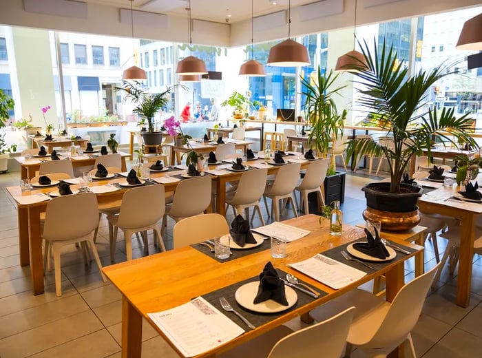 A spacious dining area featuring large floor-to-ceiling windows, long light wood tables, and pendant lights suspended from a high ceiling.