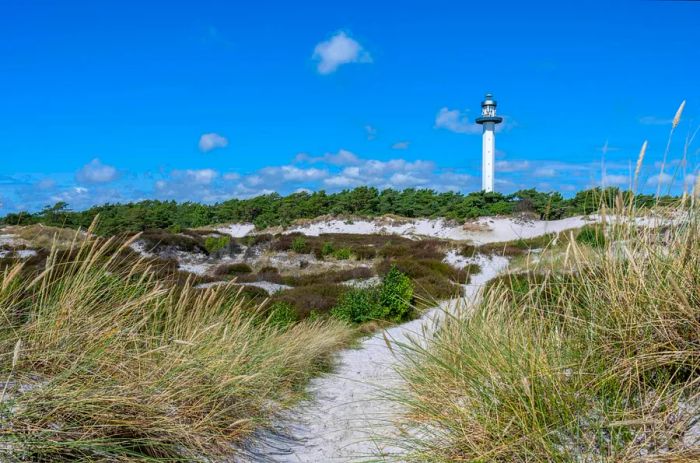 The beach in front of Dueodde Fyr lighthouse offers a picturesque view.