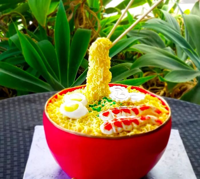 A cake designed to resemble a bowl of ramen, with chopsticks appearing to hover in midair, lifting a bite of noodles.