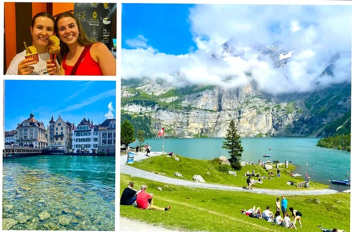 Three images from a Swiss road trip: Top left features two women enjoying ice cream. Bottom left shows charming row houses in Lucerne. The right image captures a turquoise lake in the mountains with a hut and swimmers.