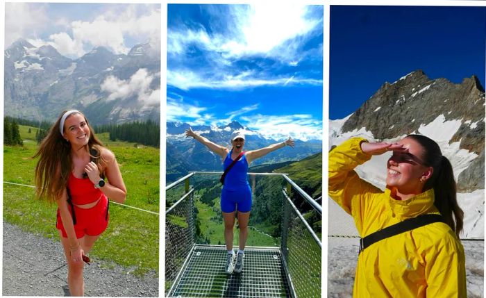 Three images of a woman in Switzerland: on the left, she's dressed in red athletic wear; in the middle, she's standing against a stunning backdrop in blue; and on the right, she shields her face from the sun in a yellow jacket with a snowy peak behind her.