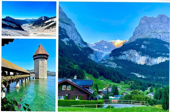 Three images showcasing various views in Switzerland: the top left features a glacier, the bottom left shows the water tower in Lucerne, and the right image captures a charming mountain town.