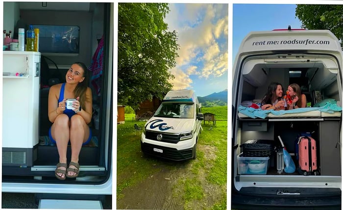 Three photos of a camper van in Switzerland. The first shows a woman sipping coffee inside. The second captures the front of the van with a lush field in the background. The third depicts the open back door, with two girls relaxing on the top bunk and luggage stored below.