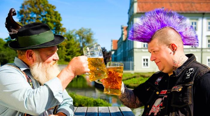 Two individuals, one dressed in traditional Bavarian attire and the other sporting a vibrant purple mohawk, toast with their beer glasses.