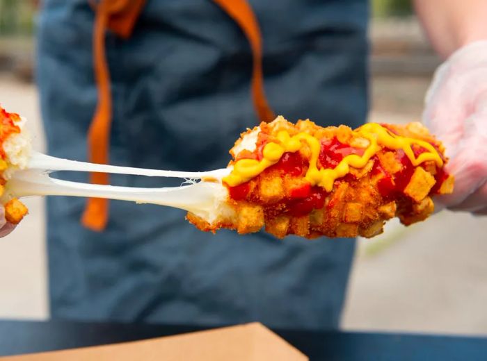 A chef pulls a piece from a cheesy corn dog, creating a stretch of melted cheese.