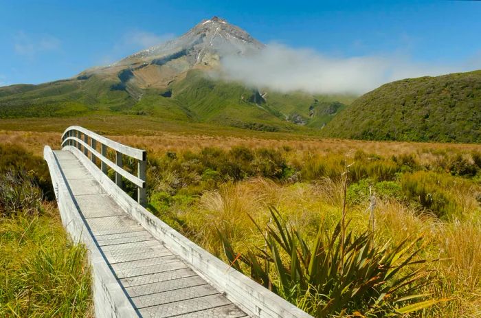 A picturesque wooden bridge at Ahukawakawa swamp, set against a backdrop of a cloud-covered mountain.