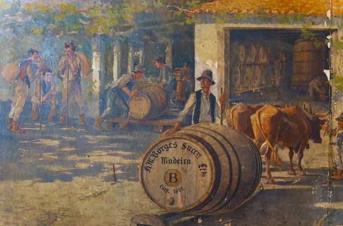 A depiction of winemakers at work.