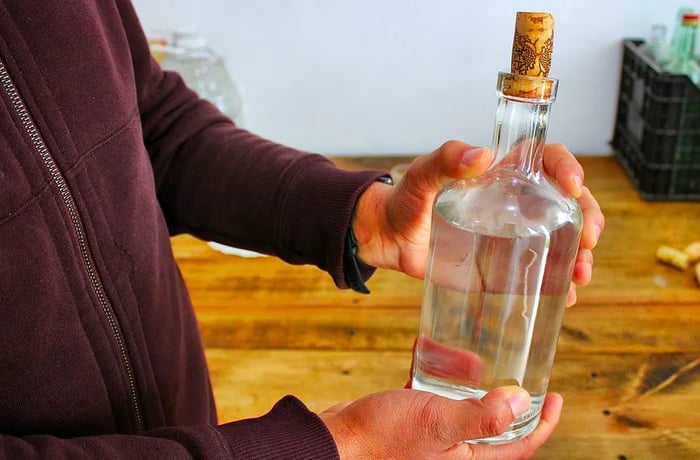 A person holds a bottle filled with clear liquid, its cork snugly fitted at the top.