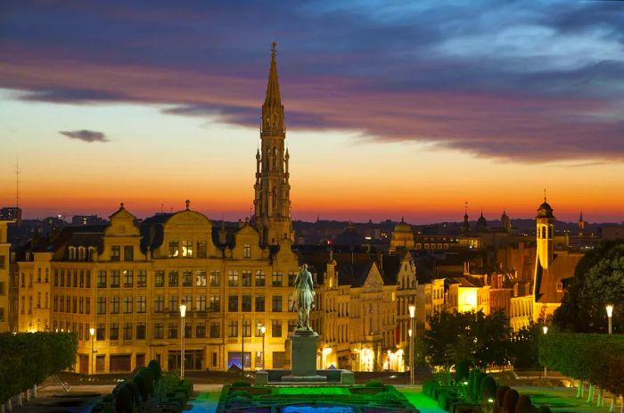 Brussels cityscape from Jardin Mont des Arts during twilight