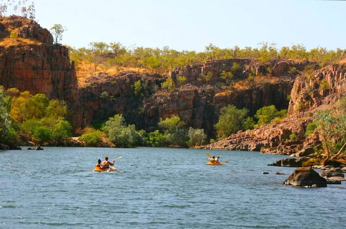 Four individuals paddle in small canoes through a sunlit gorge filled with water.