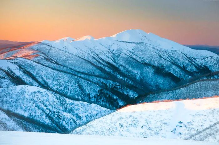 A blanket of snow covers the rolling mountain range of Australia's Alpine National Park at sunset.