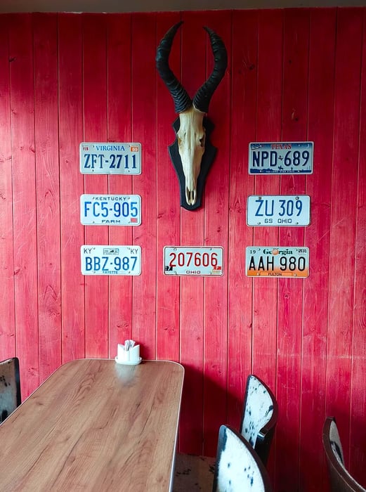 An animal skull is displayed among American license plates on a rustic red wood wall.