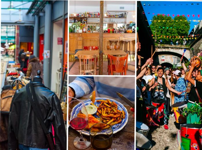 A collage of images showcasing markets, food, and outdoor celebrations in Paris