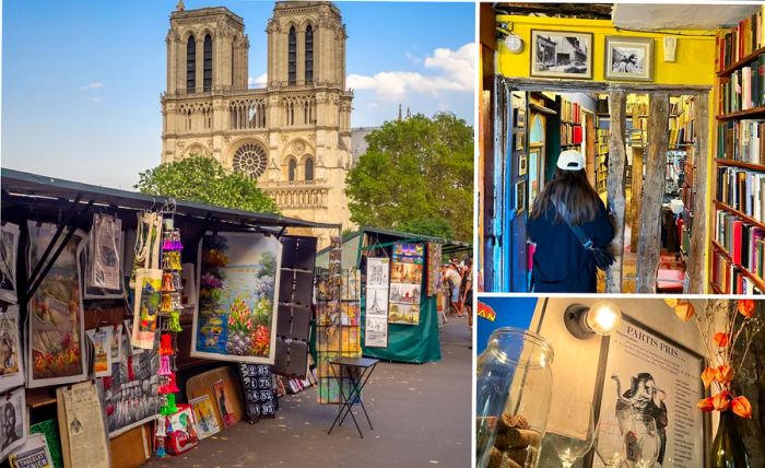 A collage showcasing Paris bookstores and wine bars