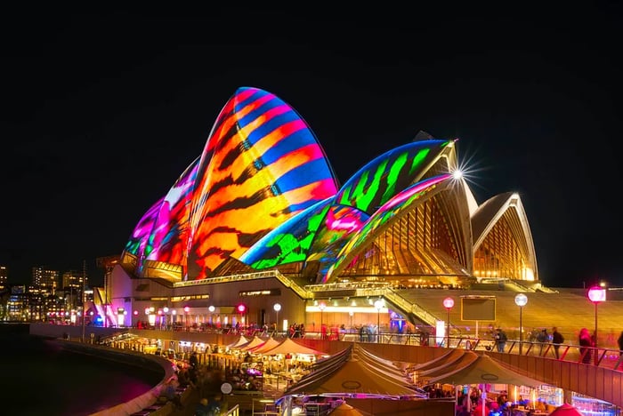 The iconic Sydney Opera House transforms into a canvas of colorful lights and images during special events.