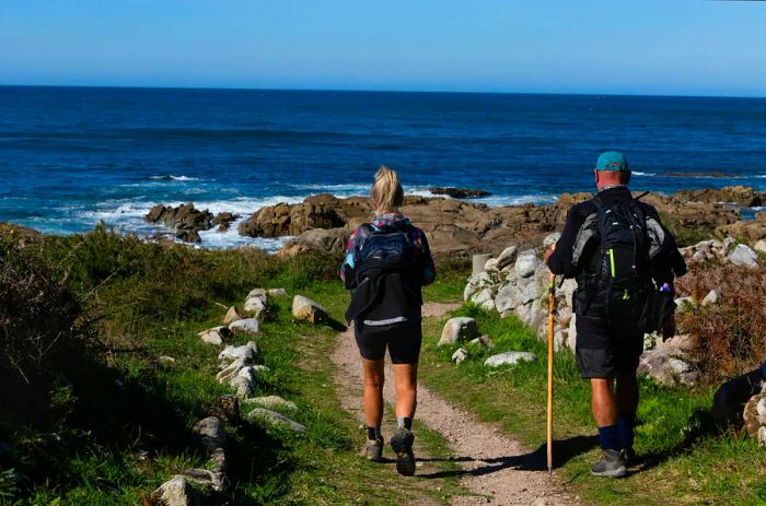 Two pilgrims traverse the Portuguese Camino de Santiago along the coastal path in A Guarda.