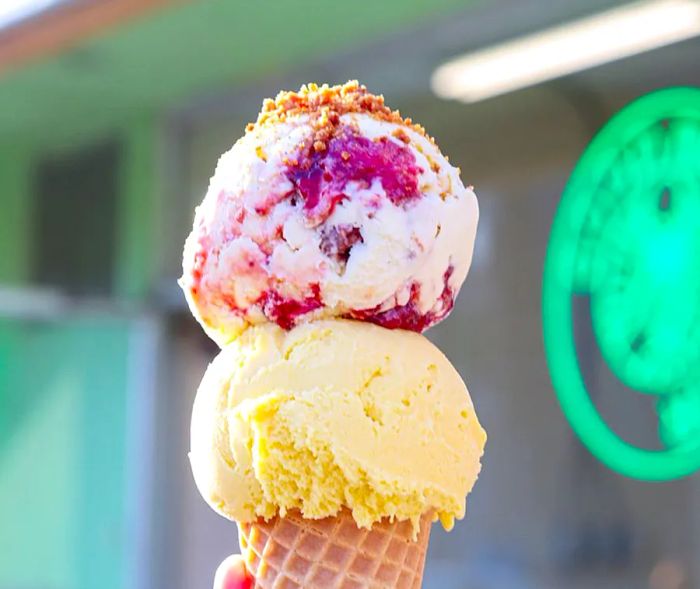 A cone featuring two ice cream flavors: one bright yellow and the other white with purple swirls.