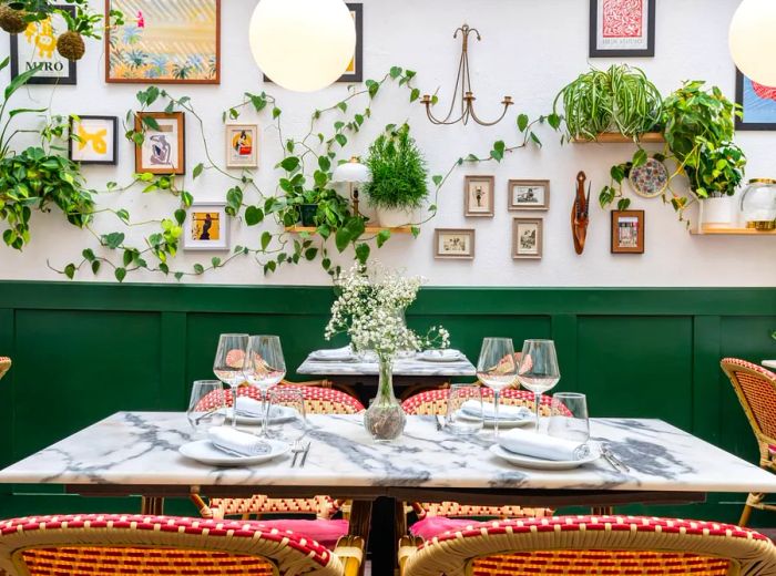 A dining table adorned with framed photographs, lush hanging plants, and stylish pendant lights.