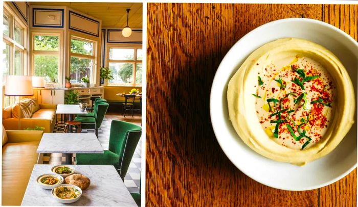 A table laden with pita, hummus, and a bowl of creamy hummus.