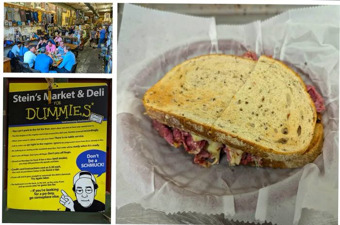 A bustling deli interior with patrons seated at large tables, a poster outlining the deli rules, and a lightly toasted sandwich filled with meat and sauce