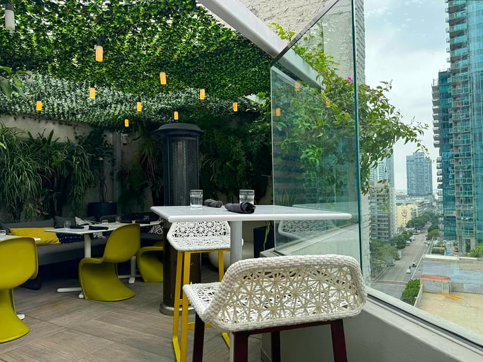 A glimpse of the outdoor rooftop bar at The Wayfarer DTLA in Los Angeles.