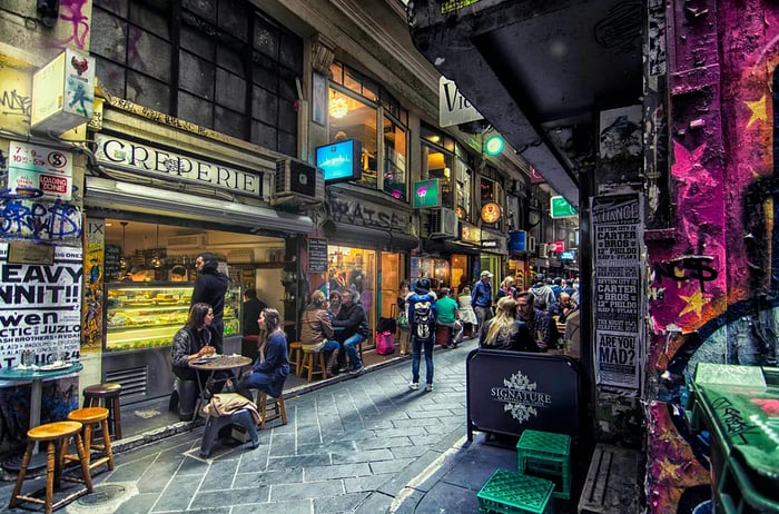 A nighttime view of the trendy Degraves Street in Melbourne