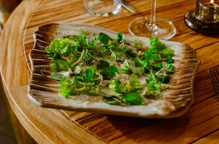 A plate of carpaccio adorned with a variety of greens, elegantly displayed on a textured wooden board.