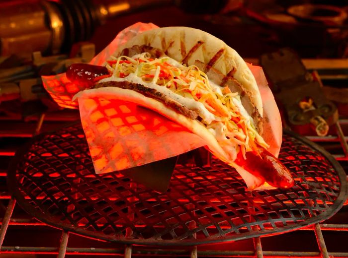 A Ronto Wrap (sausage-filled pita sandwich) rests in a cardboard holder on a grill rack, resembling a dish lit by flickering flames.