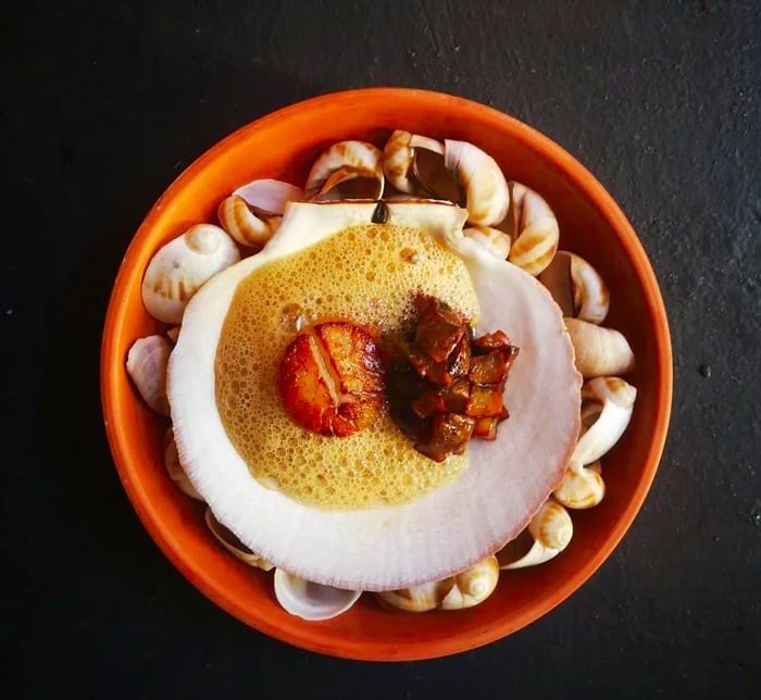 A top-down view of a seafood dish elegantly presented in a clam shell.