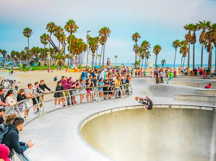 Skateboarders and spectators enjoying the atmosphere at Venice Beach, Los Angeles, California, USA