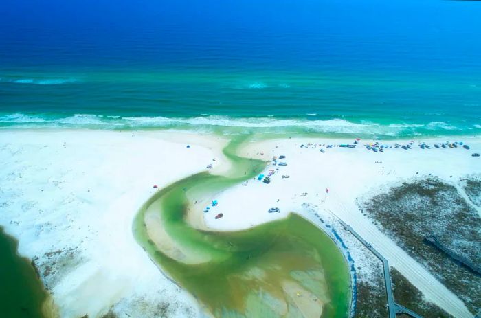 Aerial view of tidal outflow at Grayton Beach, Florida, USA