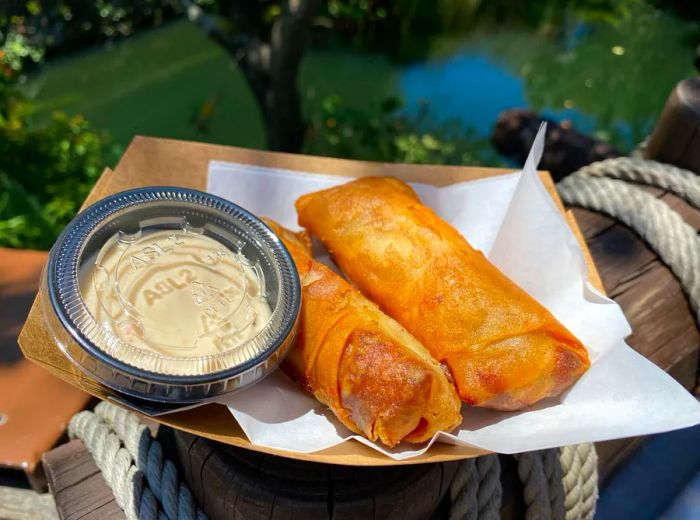 Two egg rolls served in a cardboard boat with a container of dipping sauce.