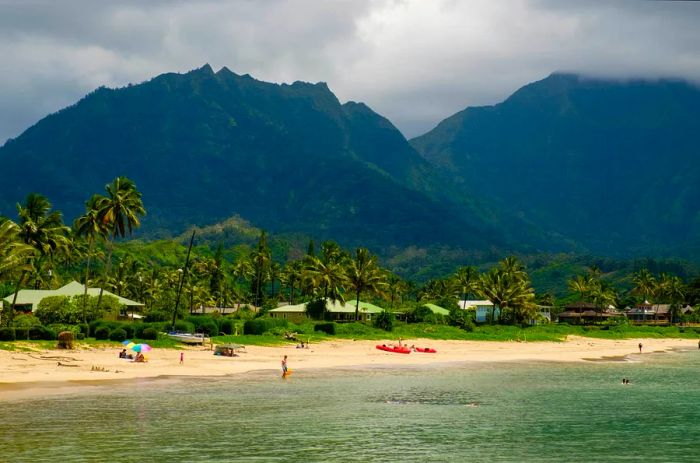 Palm trees and verdant forests frame the white-sand beach of Hanalei Bay in Kaua‘i, Hawaii, USA