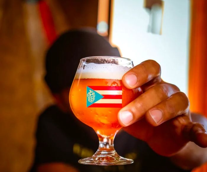 A person holds a glass featuring the Puerto Rican flag up close to the camera.