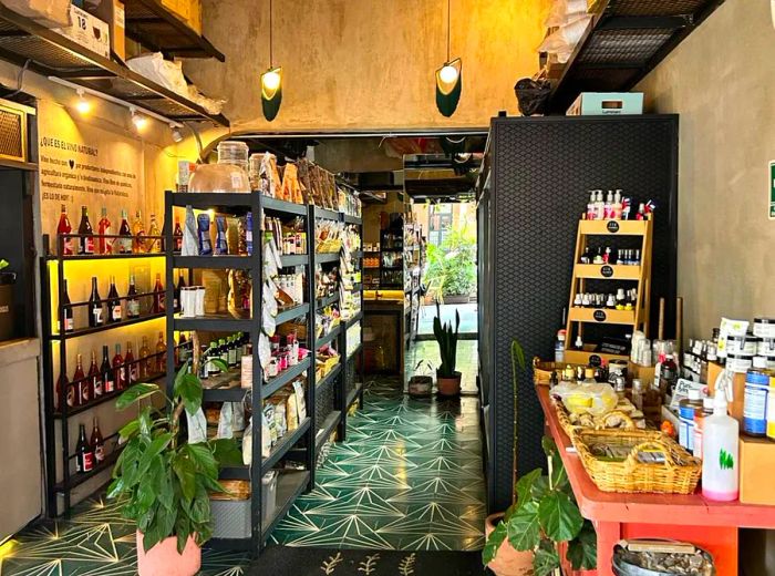 The interior of a quaint grocery store featuring shelves stocked with products, with a green area visible at the back of the shop.