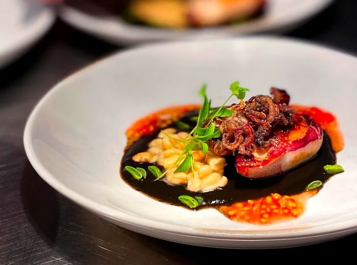 A serving of calamari resting in a black sauce, accompanied by vibrant white beans.