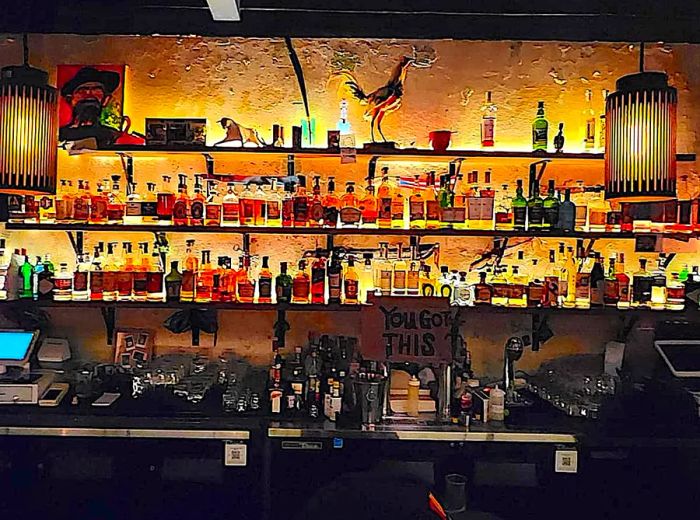 A collection of bottles illuminated on a backlit bar.