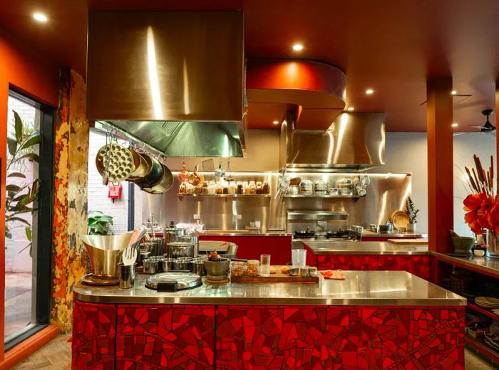 A bright open kitchen featuring fractal-inspired red countertops.