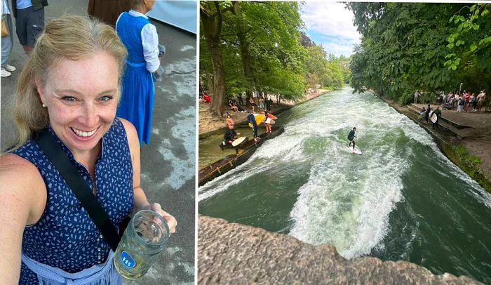 Melissa enjoying the Kocherlball in Munich (left) and watching surfers at Eisbachwelle in Englischer Garten (right)