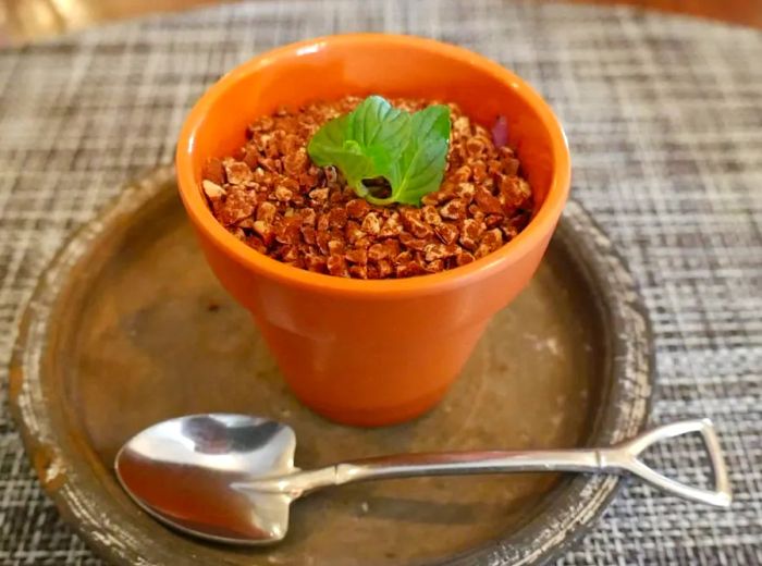 A creative food presentation resembling a potted plant, accompanied by a shovel-like spoon.