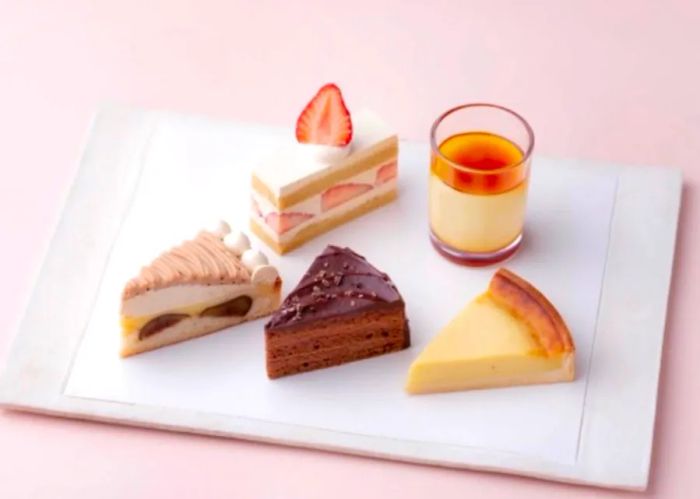 An assortment of cake slices elegantly arranged on a platter.