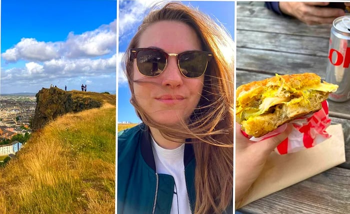 Erin enjoying breakfast on-the-go atop Arthur's Seat in Edinburgh