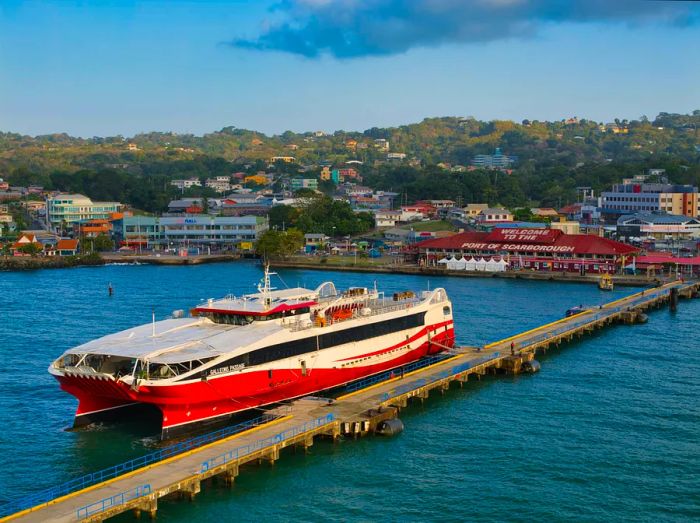 An aerial shot of the Galleons Passage hydrofoil ferry in Scarborough, Tobago, Trinidad and Tobago