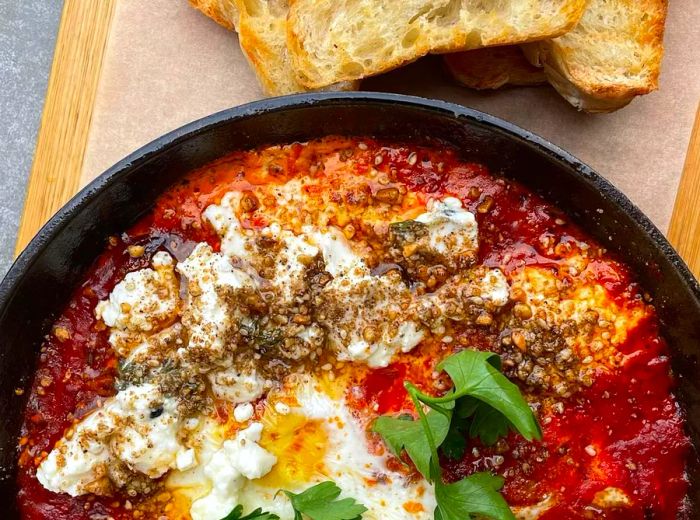 A close-up view of a skillet brimming with shakshuka, accompanied by grilled bread.