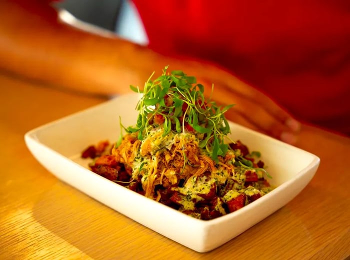 A rectangular bowl overflowing with shredded chicken, fresh vegetables, and cilantro.