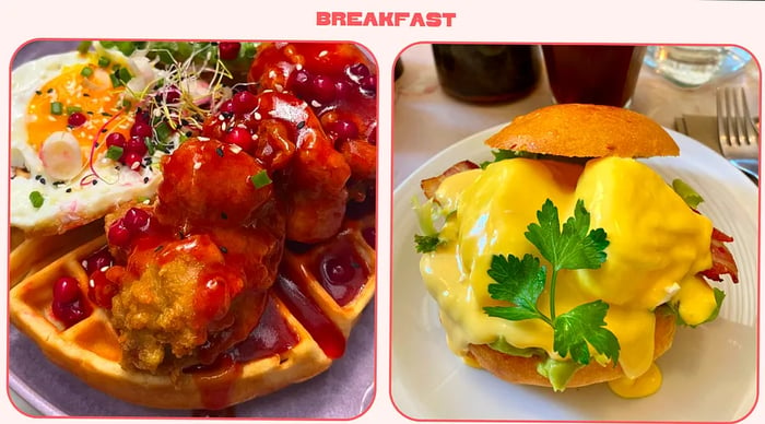 A diptych featuring breakfast dishes in Paris: Left: Eggs and waffles at Keopi. Right: Egg sandwich at Saint Pearl.